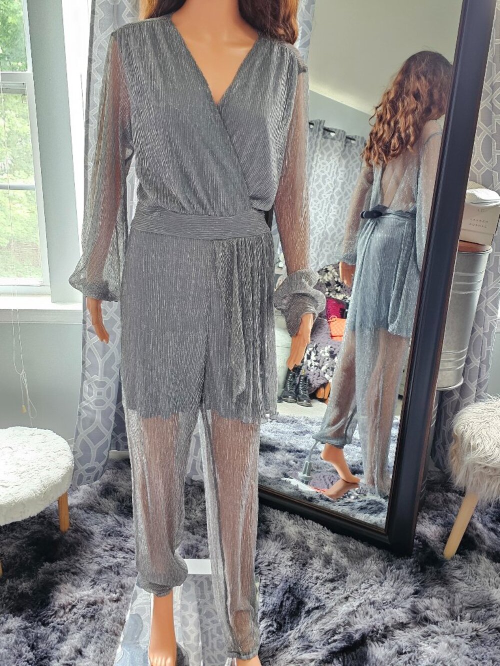 Sheng Fan Metallic Grey Pleated Surplice Balloon Sleeve Wide‑Leg Jumpsuit NWT